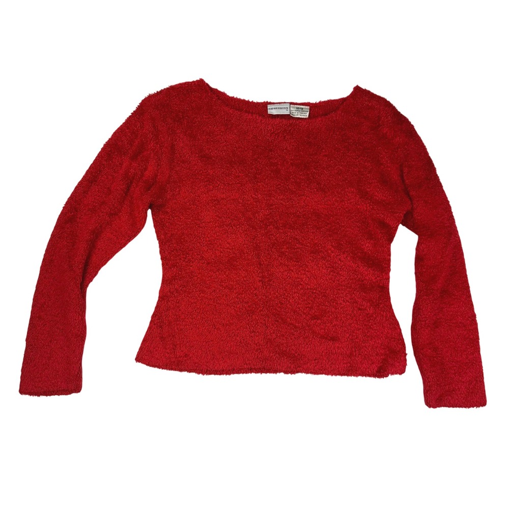 Expressions Girls Red Fuzzy Knit Crop Sweater Long Sleeve‎ Size 10/12